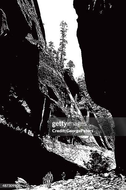 group of hikers exploring the narrows. zion national park. - zion national park stock illustrations