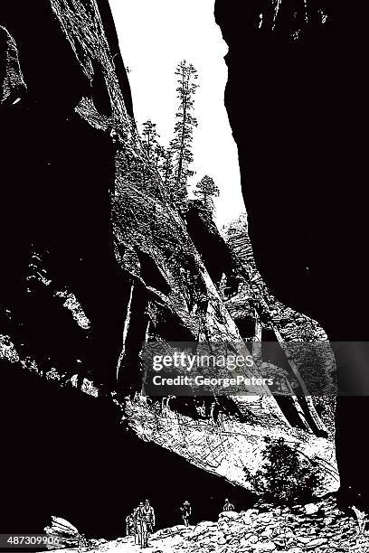 group of hikers exploring the narrows. zion national park. - zion national park 幅插畫檔、美工圖案、卡通及圖標