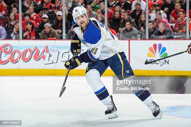 Patrik Berglund of the St. Louis Blues watches for the puck in Game Four of the First Round of the 2014 Stanley Cup Playoffs against the Chicago...