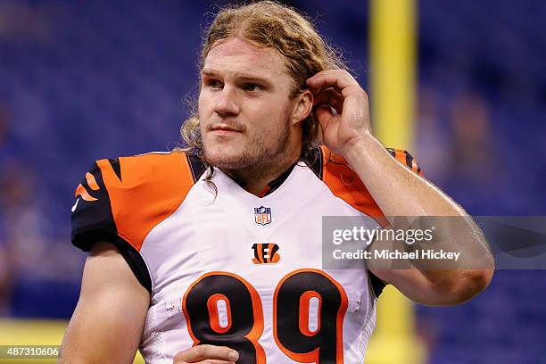 Ryan Hewitt of the Cincinnati Bengals is seen before the game against the Indianapolis Colts at Lucas Oil Stadium on September 3, 2015 in...