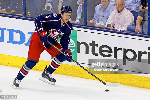 Nikita Nikitin of the Columbus Blue Jackets controls the puck during Game Three of the First Round of the 2014 NHL Stanley Cup Playoffs against the...