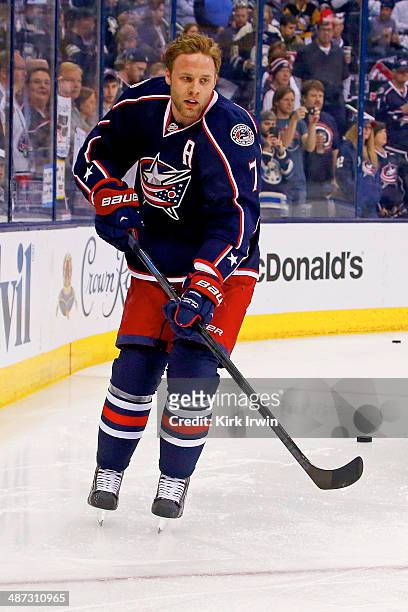 Jack Johnson of the Columbus Blue Jackets warms up prior to the start Game Three of the First Round of the 2014 NHL Stanley Cup Playoffs against the...