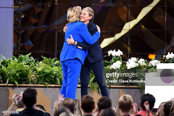 Hillary Clinton and TV show host Ellen Degeneres appear at "The Ellen Degeneres Show" Season 13 Bi-Coastal Premiere at Rockefeller Center on...