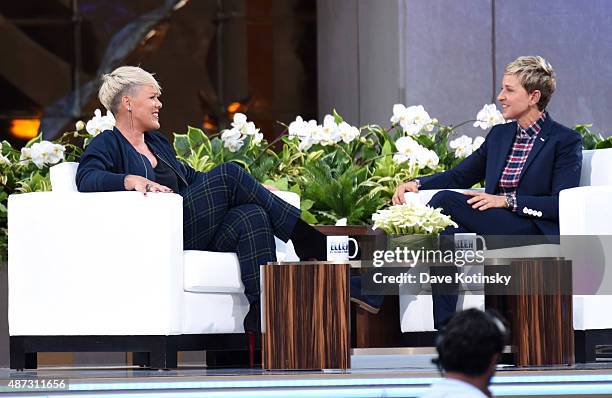 Singer/ Songwriter Pink and TV show host Ellen Degeneres appear at "The Ellen Degeneres Show" Season 13 Bi-Coastal Premiere at Rockefeller Center on...