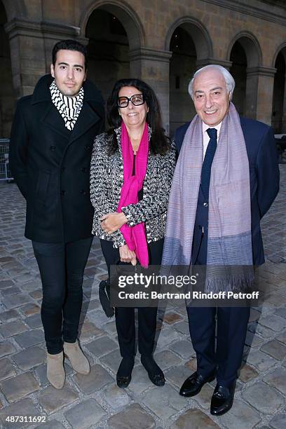 Francoise Bettencourt Meyers standing between her husband Jean-Pierre Meyers and their son Jean-Victor Meyers attend 'La Traviata' - Opera en Plein...