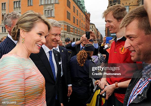 King Philippe and Queen Mathilde of Belgium take a short walk to Rosenbad and greet members of the public during their visit to Sweden on April 29,...