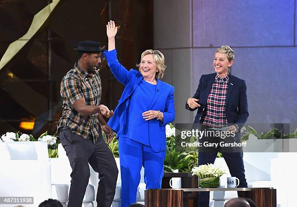 TWitch, Hillary Clinton and Ellen DeGeneres seen during a taping of "The Ellen DeGeneres Show" Season 13 Bi-Coastal Premiere at Rockefeller Center on...