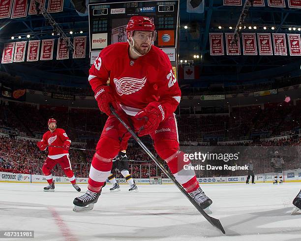 Brian Lashoff of the Detroit Red Wings follows the play against the Boston Bruins during Game Four of the First Round of the 2014 Stanley Cup...