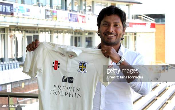 Sri Lankan batsman Kumar Sangakkara after signing a short term deal to play for Durham County Cricket Club at the Emirates Durham ICG on April 29,...