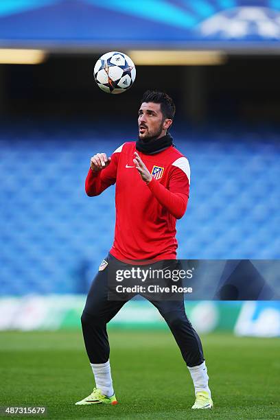 David Villa of Club Atletico de Madrid trains at the Atletico Madrid training session at Stamford Bridge on April 29, 2014 in London, England.