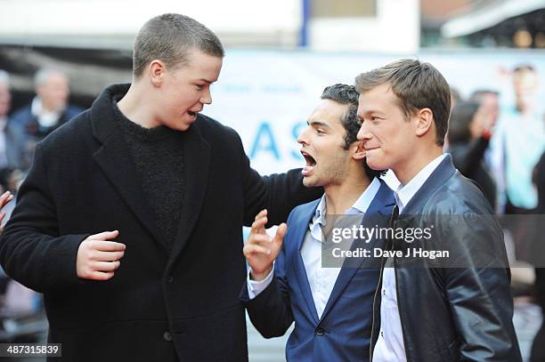 Will Poulter, Sebastian De Souza and Ed Speleers attend the UK premiere of 'Plastic' on April 29, 2014 in London, England.