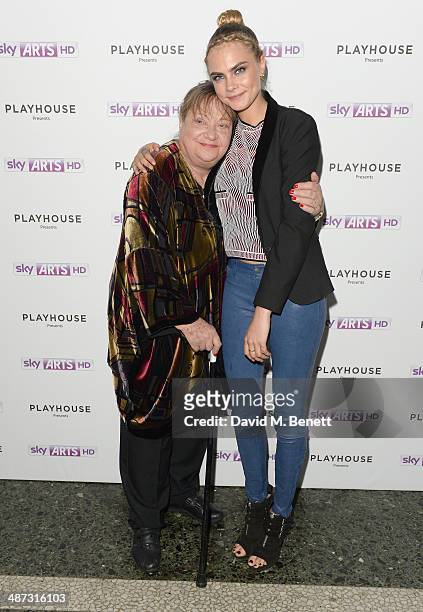 Actresses Sylvia Syms and Cara Delevingne attend the launch party of Timeless, a one-off film, as part of Sky Arts Playhouse Presents season, at...