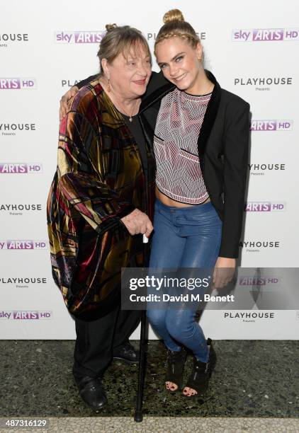 Actresses Sylvia Syms and Cara Delevingne attend the launch party of Timeless, a one-off film, as part of Sky Arts Playhouse Presents season, at...