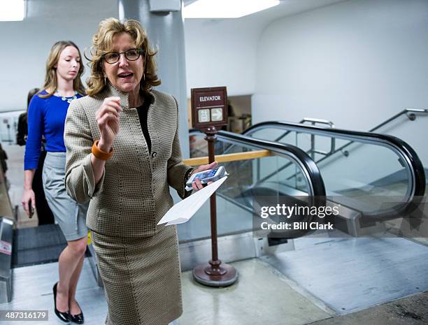 Sen. Kay Hagan, D-N.C., arrives in the Capitol for a vote on Tuesday, April 29, 2014.