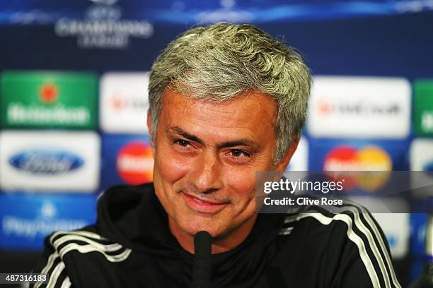 Chelsea manager Jose Mourinho talks to the media at the Chelsea press conference at Stamford Bridge on April 29, 2014 in London, England.