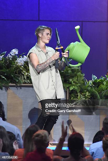 Justin Bieber seen during a taping of "The Ellen Degeneres Show" Season 13 Bi-Coastal Premiere at Rockefeller Center on September 8, 2015 in New York...