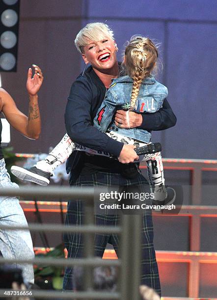 Pink and daughter Willow Sage Hart attend "The Ellen Degeneres Show" season 13 bi-coastal premiere at Rockefeller Center on September 8, 2015 in New...