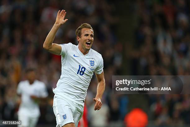 Harry Kane of England celebrates after he scores to make it 1-0 during the UEFA Euro 2016 Qualifier Group E match between England and Switzerland at...