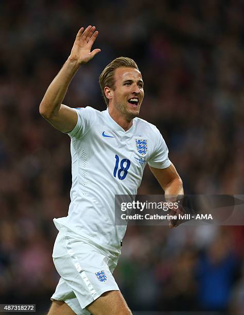 Harry Kane of England celebrates after he scores to make it 1-0 during the UEFA Euro 2016 Qualifier Group E match between England and Switzerland at...