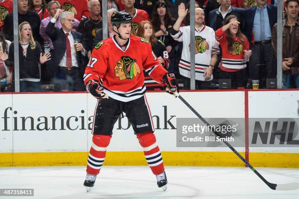 Sheldon Brookbank of the Chicago Blackhawks reacts to a call made on the ice in Game Three of the First Round of the 2014 Stanley Cup Playoffs...