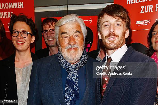 Director Lola Randl, Mario Adorf and Bastian Trost attend the 'Die Erfindung der Liebe' Cologne Premiere at Odeon Lichtspieltheater on April 29, 2014...