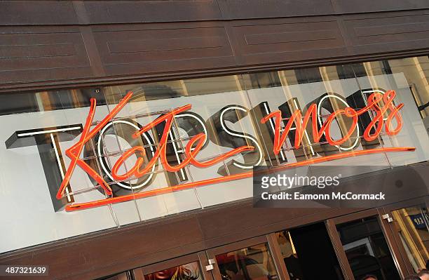 View of the store sign at the launch of the Kate Moss For TopShop collection at TopShop on April 29, 2014 in London, England.