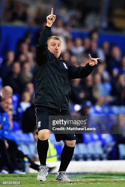 Lee Clark, manager of Birmingham City gives out instructions during the Sky Bet Championship match between Birmingham City and Wigan Athletic at St...