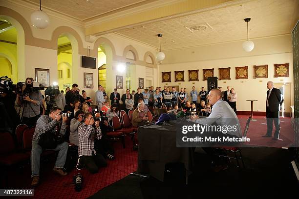 Brad Haddin announces his retirement from cricket during a press confrerence at Sydney Cricket Ground on September 9, 2015 in Sydney, Australia.