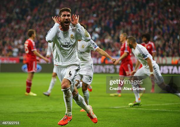 Sergio Ramos of Real Madrid celebrates as scores their second goal during the UEFA Champions League semi-final second leg match between FC Bayern...