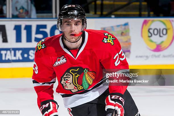 Dominic Turgeon of the Portland Winterhawks skates against the Kelowna Rockets on April 25, 2014 during Game 5 of the third round of WHL Playoffs at...