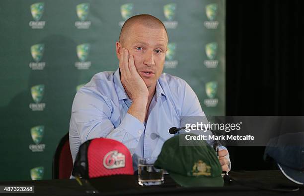 Brad Haddin announces his retirement from cricket during a press confrerence at Sydney Cricket Ground on September 9, 2015 in Sydney, Australia.