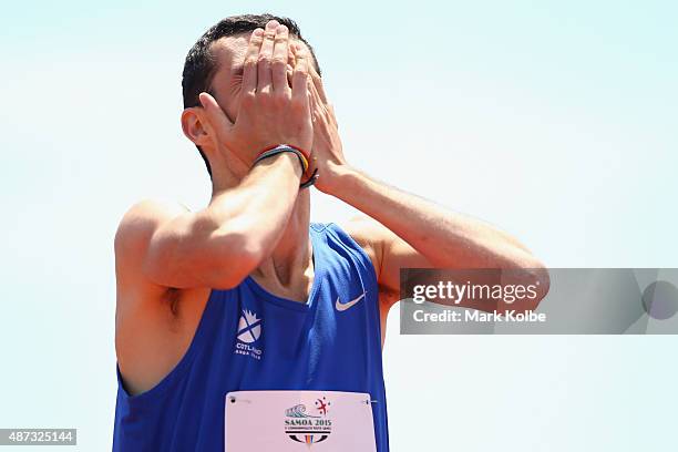 Ben Greenwood of Scotland reacts after winning the bronze medal in the boys 800m final during the athletics competition at the Apia Park Sports...