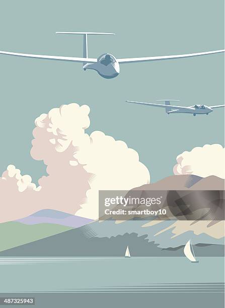 segelfliegen fliegt über landschaft - segelflugzeug stock-grafiken, -clipart, -cartoons und -symbole