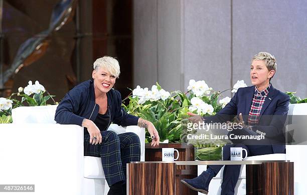 Pink and Ellen DeGeneres attend "The Ellen DeGeneres Show" Season 13 bi-coastal premiere at Rockefeller Center on September 8, 2015 in New York City.