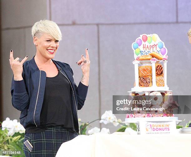 Pink attends "The Ellen DeGeneres Show" Season 13 bi-coastal premiere at Rockefeller Center on September 8, 2015 in New York City.