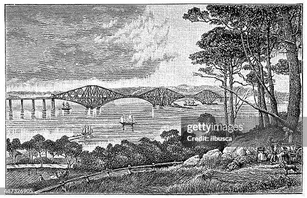 antique illustration of forth bridge - firth of forth rail bridge stock illustrations