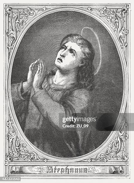 bildbanksillustrationer, clip art samt tecknat material och ikoner med saint stephen, the first christian matyr, wood engraving, published 1868 - stening