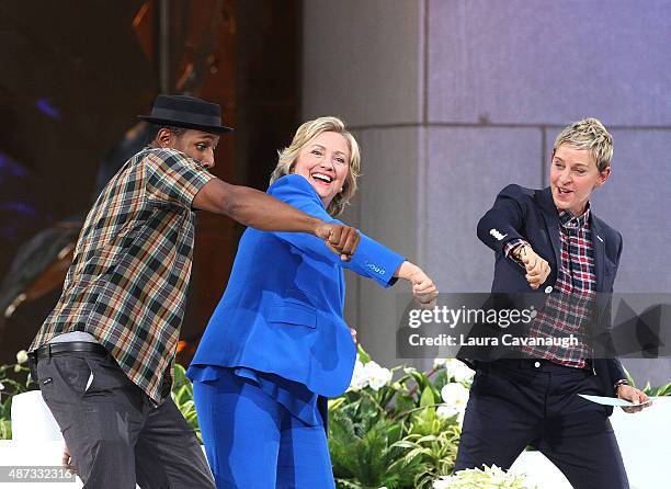 Stephen "tWitch" Boss, Hillary Clinton and Ellen DeGeneres attend "The Ellen DeGeneres Show" Season 13 bi-coastal premiere at Rockefeller Center on...