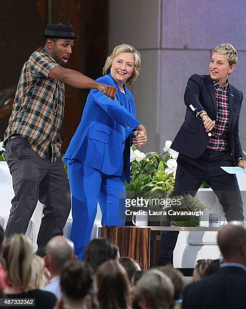 Stephen "tWitch" Boss, Hillary Clinton and Ellen DeGeneres attend "The Ellen DeGeneres Show" Season 13 bi-coastal premiere at Rockefeller Center on...