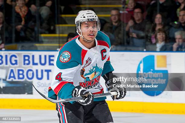 Madison Bowey of the Kelowna Rockets skates against the Portland Winterhawks on April 25, 2014 during Game 5 of the third round of WHL Playoffs at...