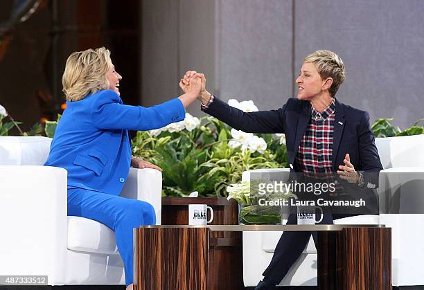 Hillary Clinton and Ellen DeGeneres attend "The Ellen DeGeneres Show" Season 13 Bi-Coastal Premiere at Rockefeller Center on September 8, 2015 in New...