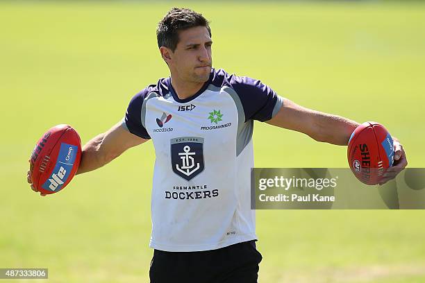 Matthew Pavlich looks on during a Fremantle Dockers AFL training session at Fremantle Oval on September 9, 2015 in Fremantle, Australia.