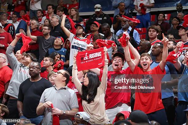 Washington Wizards fans cheer during the game against the Chicago Bulls during Game Four of the Eastern Conference Quarterfinals on April 27, 2014 at...