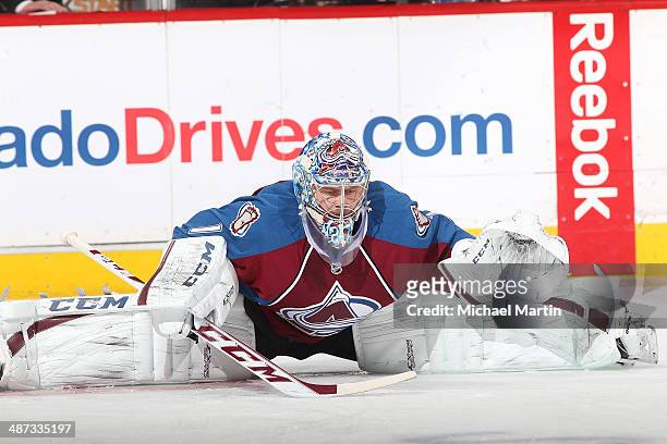 Goaltender Semyon Varlamov the Colorado Avalanche streches prior to Game Five against the Minnesota Wild in the First Round of the 2014 Stanley Cup...