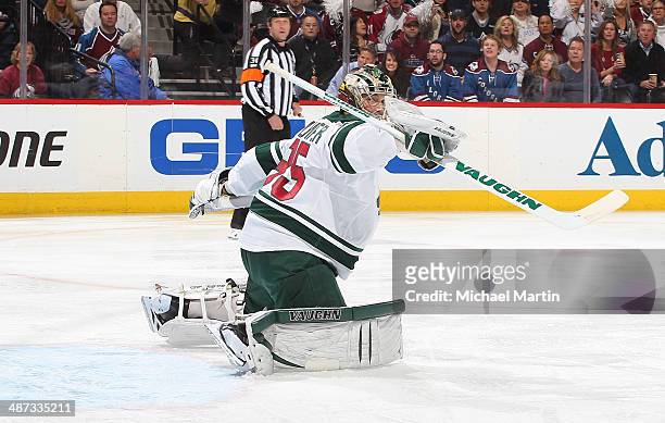 Goaltender Darcy Kuemper of the Minnesota Wild makes a save against the Colorado Avalanche in Game Five of the First Round of the 2014 Stanley Cup...