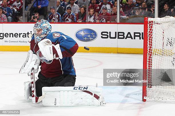 Goaltender Semyon Varlamov the Colorado Avalanche smakes a save against the Minnesota Wild in Game Five of the First Round of the 2014 Stanley Cup...