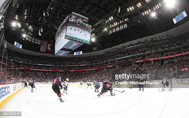 The Colorado Avalanche face off against the Minnesota Wild in Game Five of the First Round of the 2014 Stanley Cup Playoffs at the Pepsi Center on...