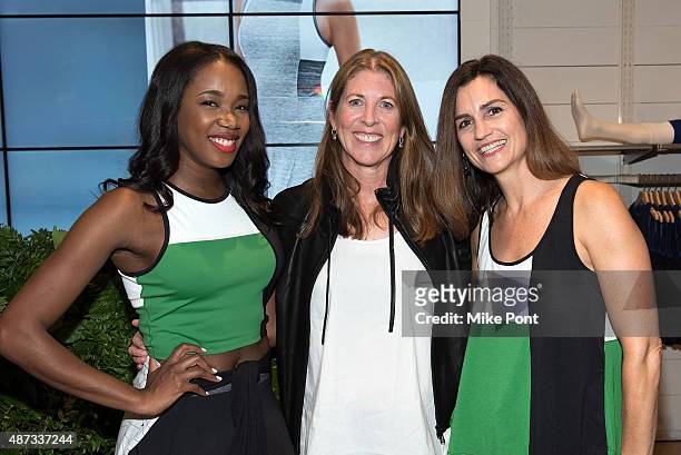 Kiss, Nancy Green, and Elisabeth Charles attend the Derek Lam 10C Athleta launch party at the Athleta Flagship store on September 8, 2015 in New York...
