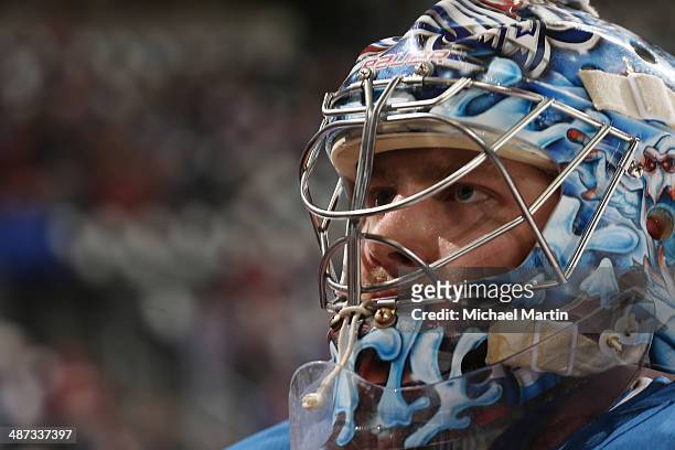 Goaltender Semyon Varlamov the Colorado Avalanche skates prior to the game against the Minnesota Wild in Game Five of the First Round of the 2014...