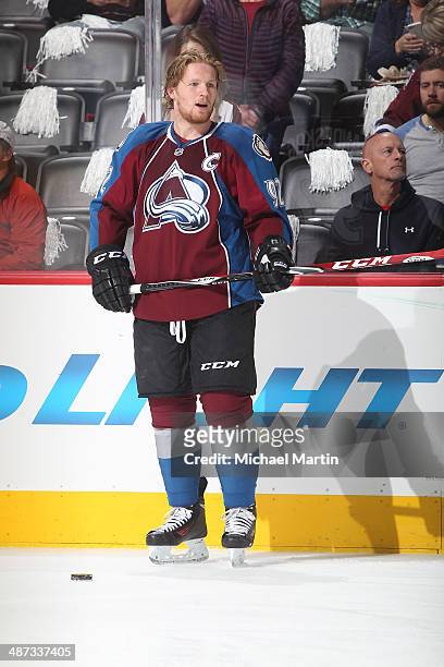 Gabriel Landeskog of the Colorado Avalanche warms up prior to the game against the Minnesota Wild in Game Five of the First Round of the 2014 Stanley...